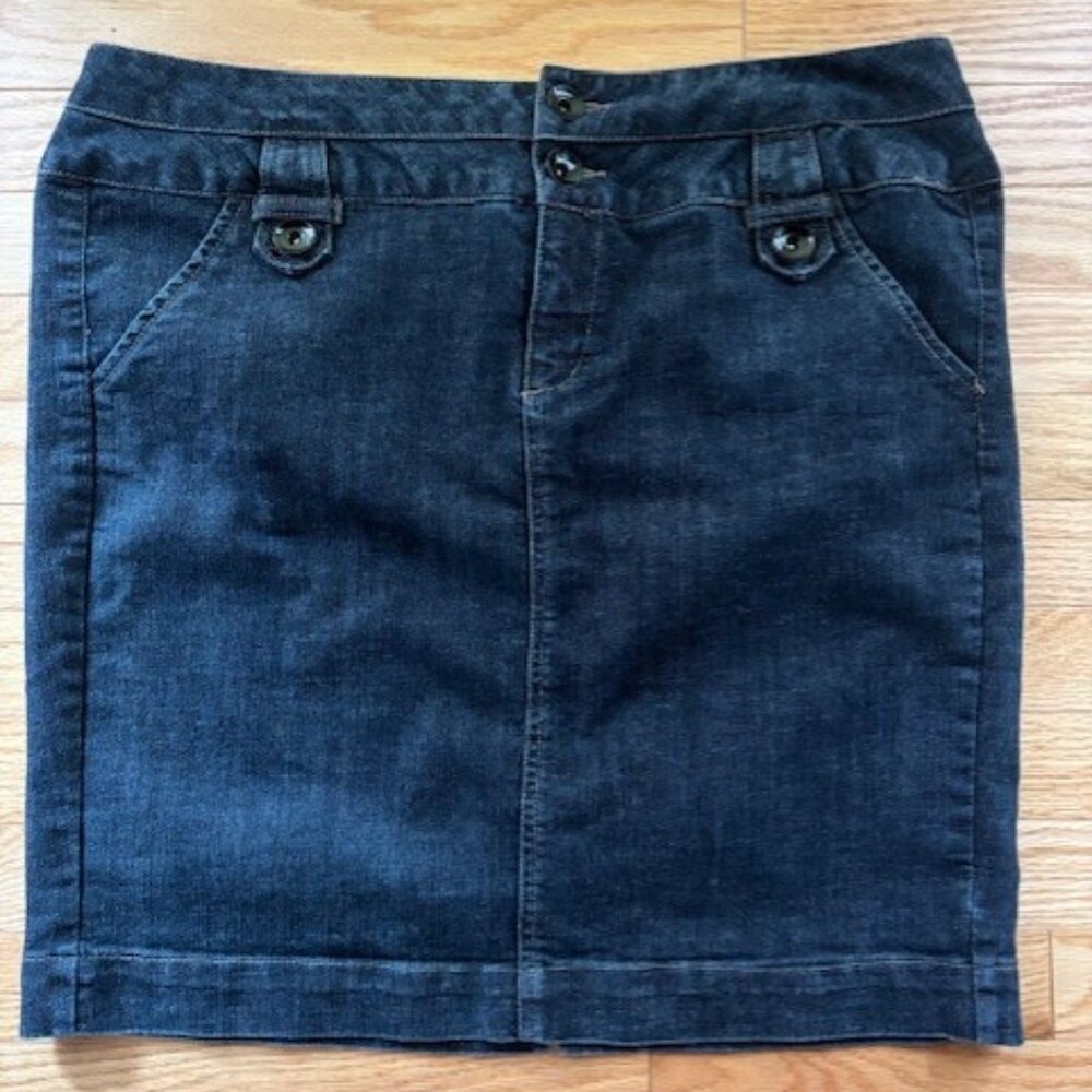 One Song Authentic Denim Skirt Women XL Dark Wash A Line Stretch Paisley Button